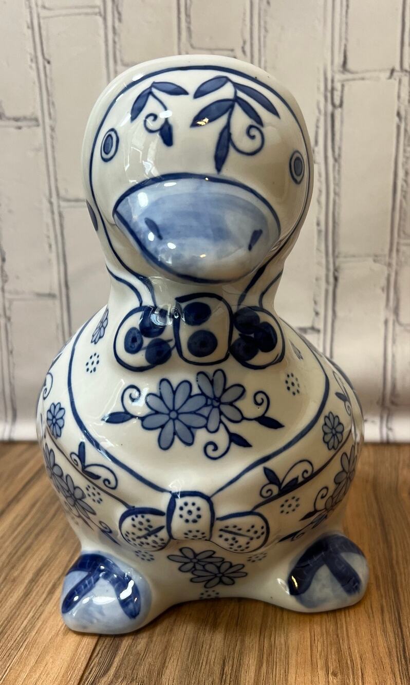 Vintage Blue White Floral Duck Soup Tureen Planter Cachepot Bowl 10”